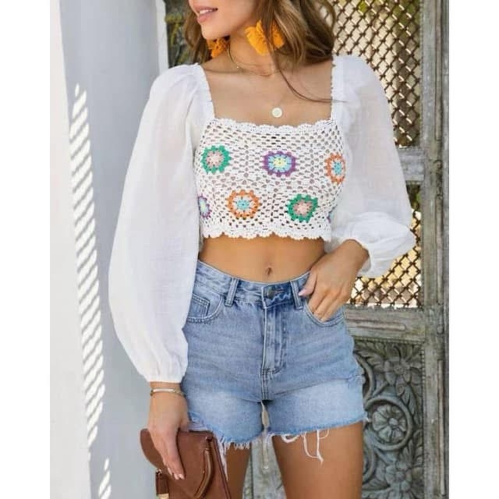 Floral Crochet White Top